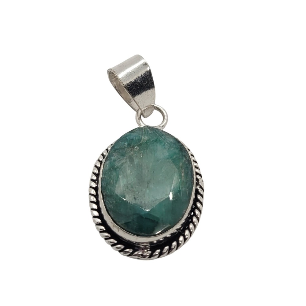 Natural Emerald Pendant 925 Sterling Silver‎ Oval Faceted Green Gemstone